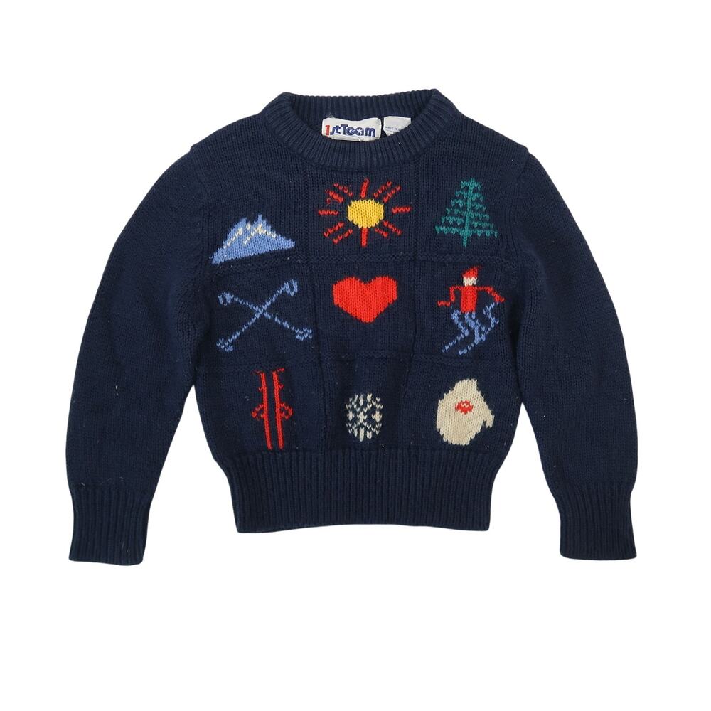 Vintage 90s 1st Team Navy Blue Ski Snow Theme Sweater Toddler Girl 2/3T